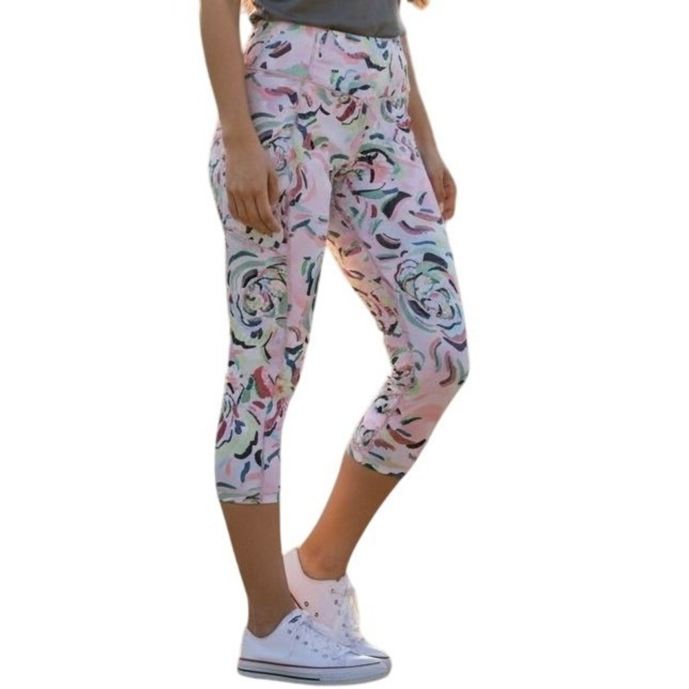 Athleta Ultimate Stash II Capri Pink Abstract Floral Leggings Small Pocket